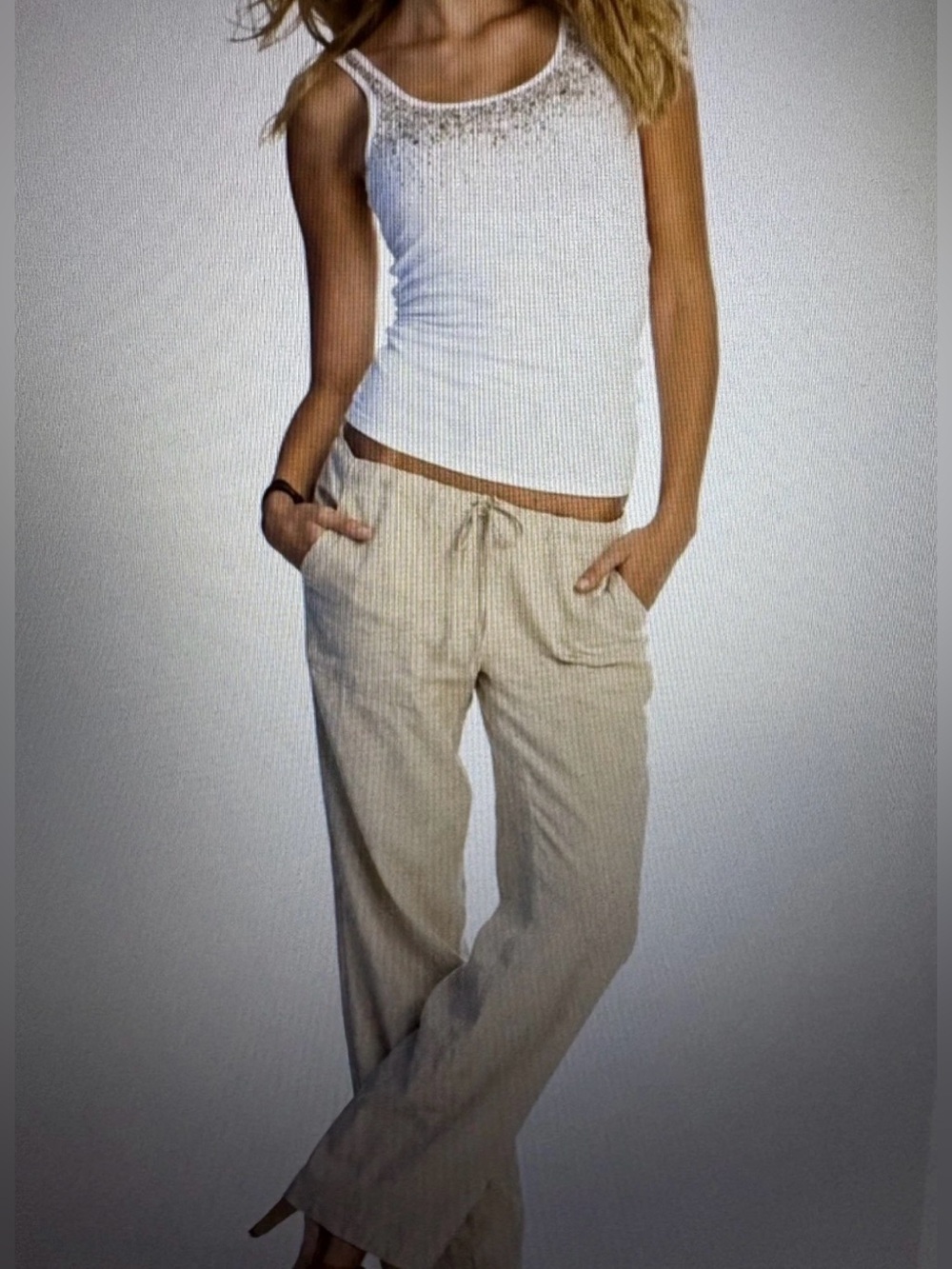 $10Gift🥰Brand New 100%Linen Sky Blue Drawstring beach Pants w sides porkets